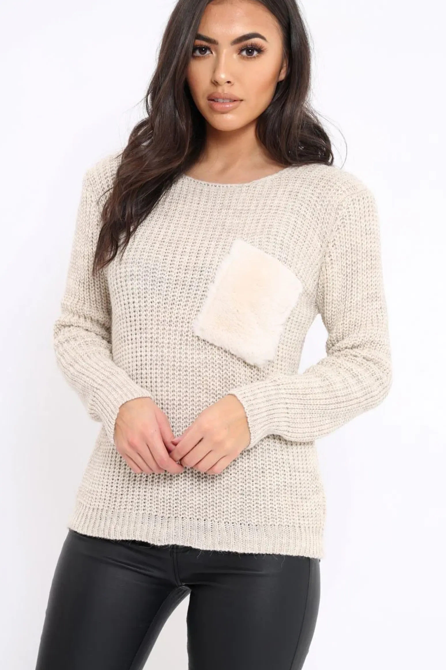Rebellious Fashion Beige Chunky Knit Fur Pocket Jumper - Alois