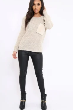 Rebellious Fashion Beige Chunky Knit Fur Pocket Jumper - Alois