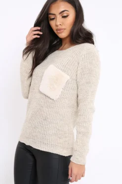 Rebellious Fashion Beige Chunky Knit Fur Pocket Jumper - Alois