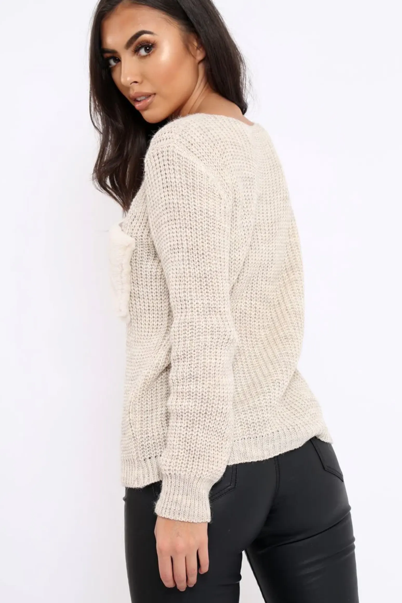Rebellious Fashion Beige Chunky Knit Fur Pocket Jumper - Alois
