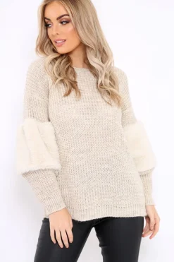 Rebellious Fashion Beige Chunky Knit Fur Sleeve Jumper - Kimberly