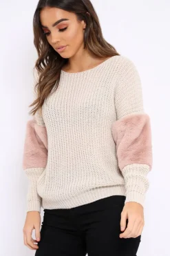 Rebellious Fashion Beige Chunky Knit Jumper with Rose Fur Sleeve - Kimberly