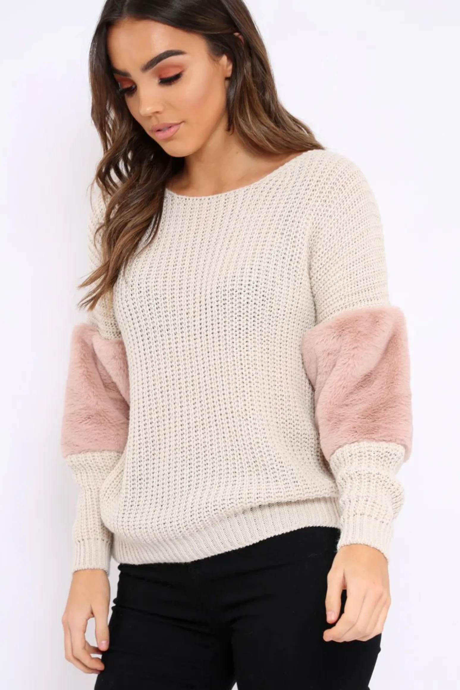 Rebellious Fashion Beige Chunky Knit Jumper with Rose Fur Sleeve - Kimberly