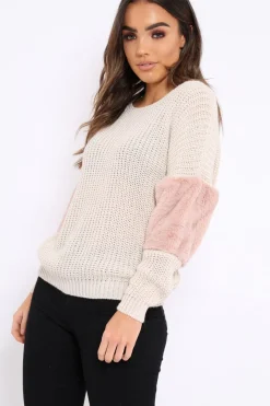 Rebellious Fashion Beige Chunky Knit Jumper with Rose Fur Sleeve - Kimberly