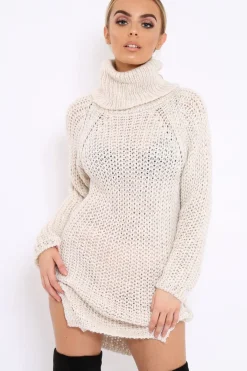 Rebellious Fashion Beige Chunky Knit Roll Neck Cut Out Hem Jumper Dress - Catalina