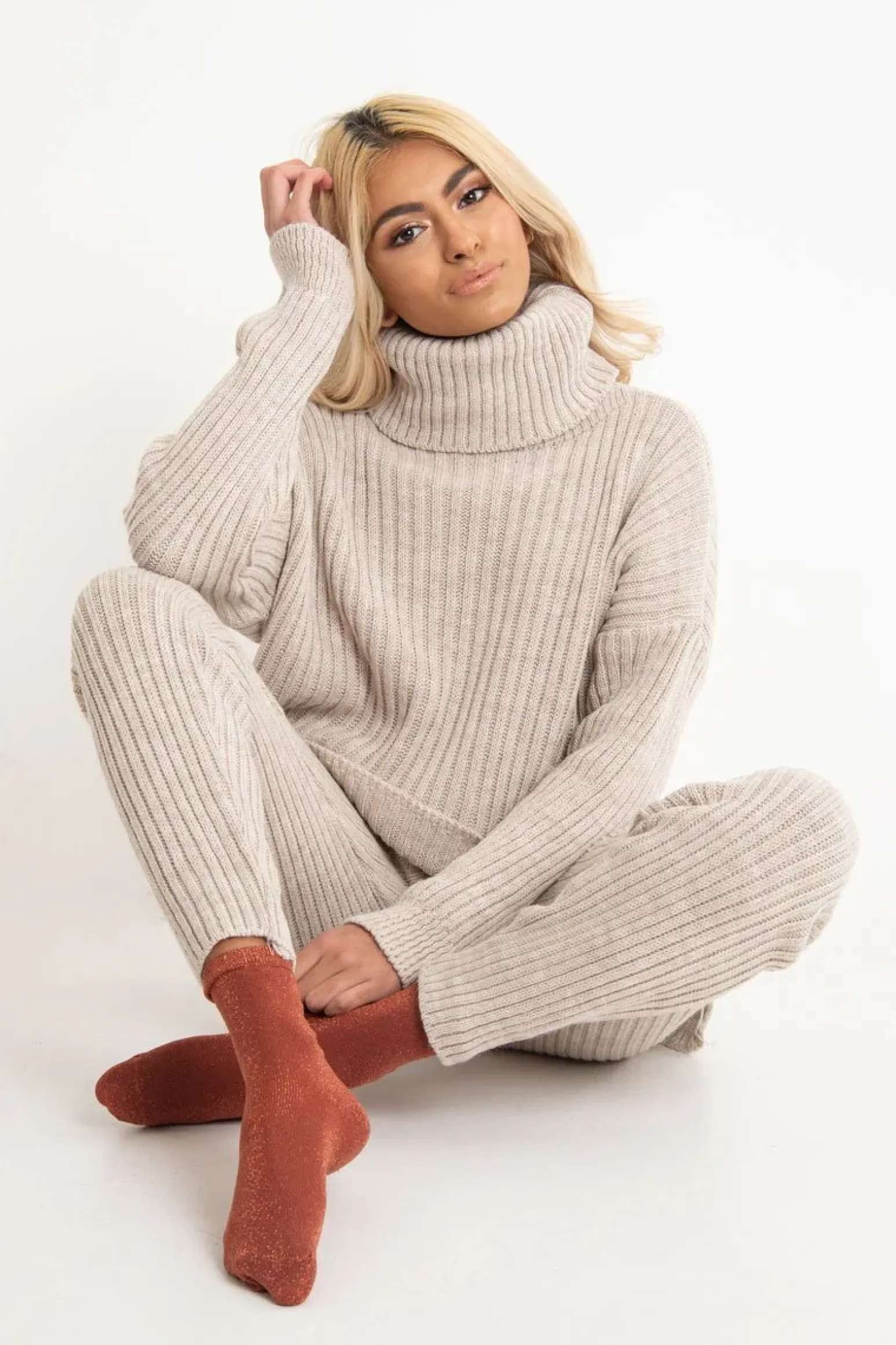 Rebellious Fashion Beige Chunky Knit Roll Neck Loungewear Co-Ord - Imara