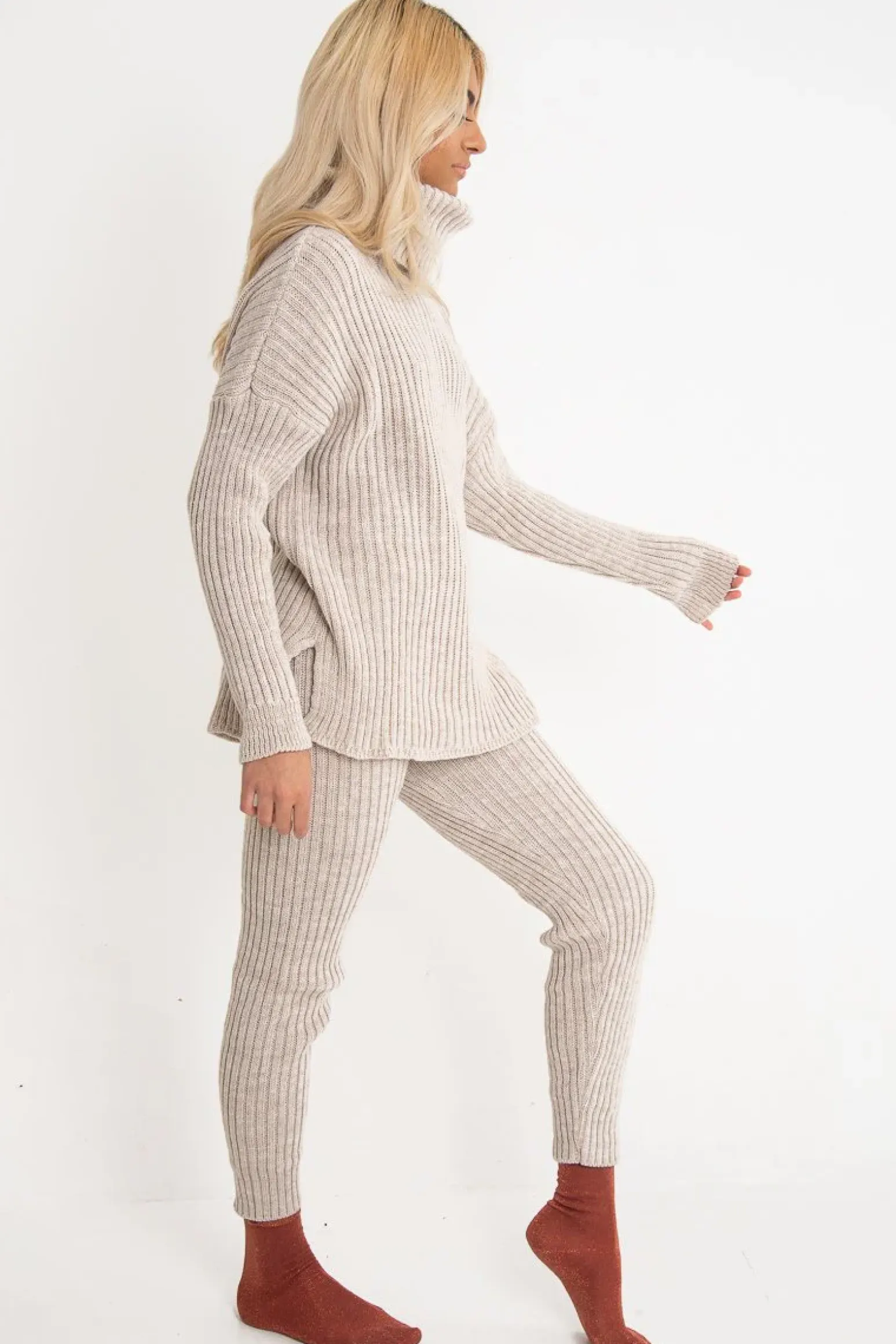 Rebellious Fashion Beige Chunky Knit Roll Neck Loungewear Co-Ord - Imara