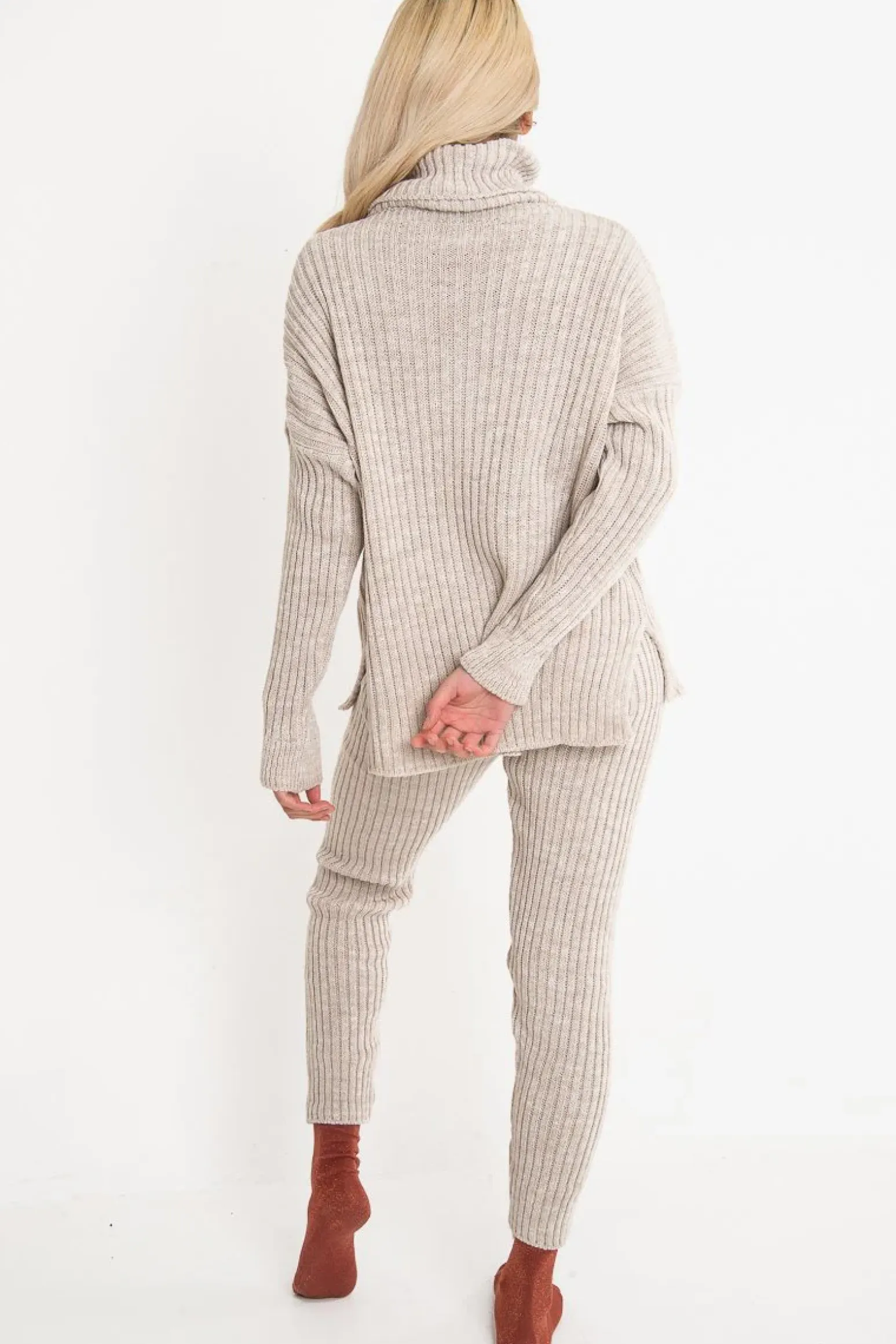 Rebellious Fashion Beige Chunky Knit Roll Neck Loungewear Co-Ord - Imara