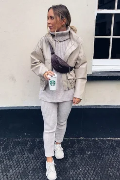 Rebellious Fashion Beige Chunky Knit Roll Neck Loungewear Co-Ord - Imara