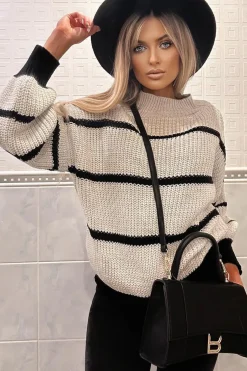 Rebellious Fashion Beige Chunky Knit striped Jumper - Pari