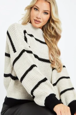Rebellious Fashion Beige Chunky Knit striped Jumper - Pari