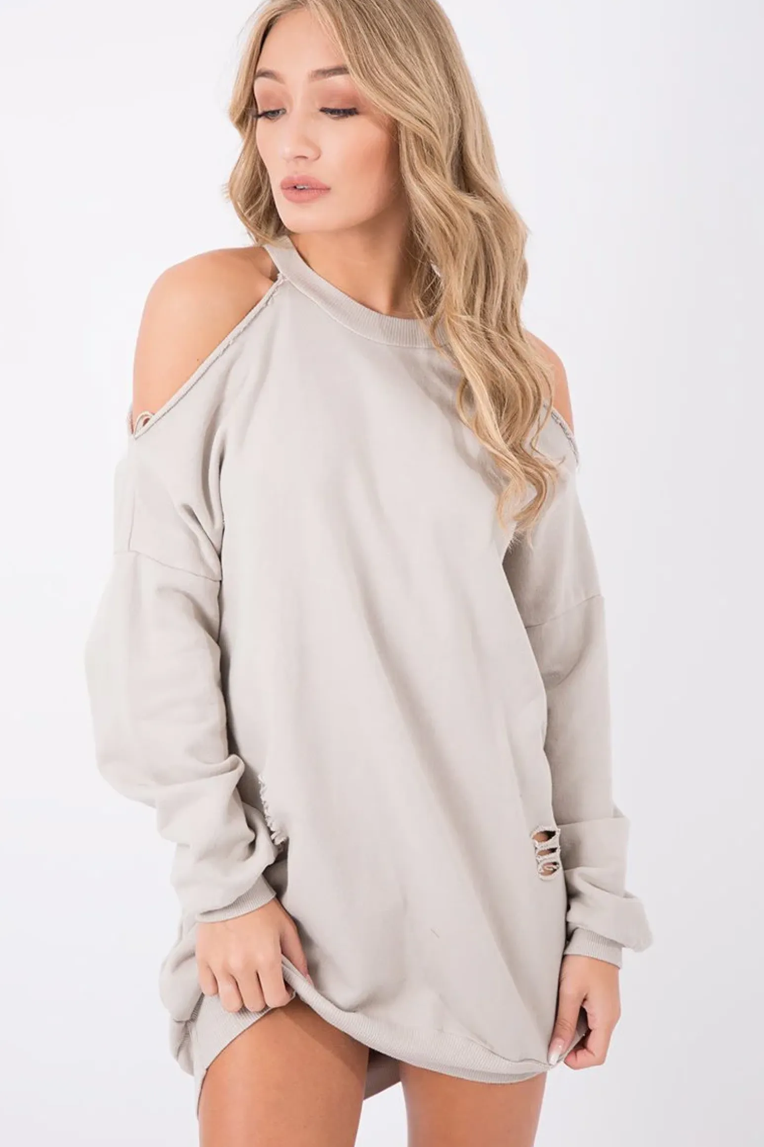 Rebellious Fashion Beige Cold Shoulder Distressed Jumper Dress - Kylie