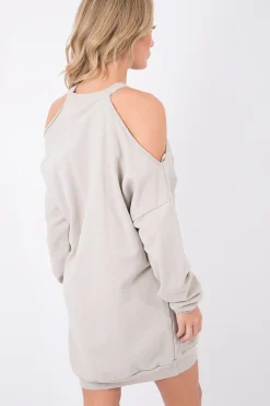Rebellious Fashion Beige Cold Shoulder Distressed Jumper Dress - Kylie