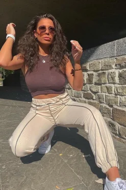 Rebellious Fashion Beige Contrast Stitch Joggers - Roaa