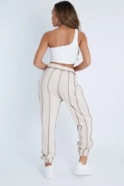 Rebellious Fashion Beige Contrast Stitch Joggers - Roaa