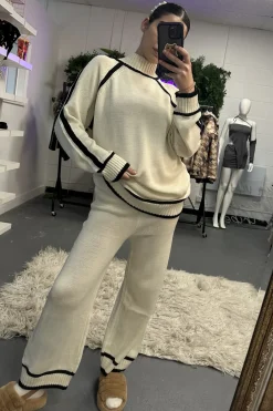 Rebellious Fashion Beige Contrast Stitch knitted Co-ord Set - Lennon