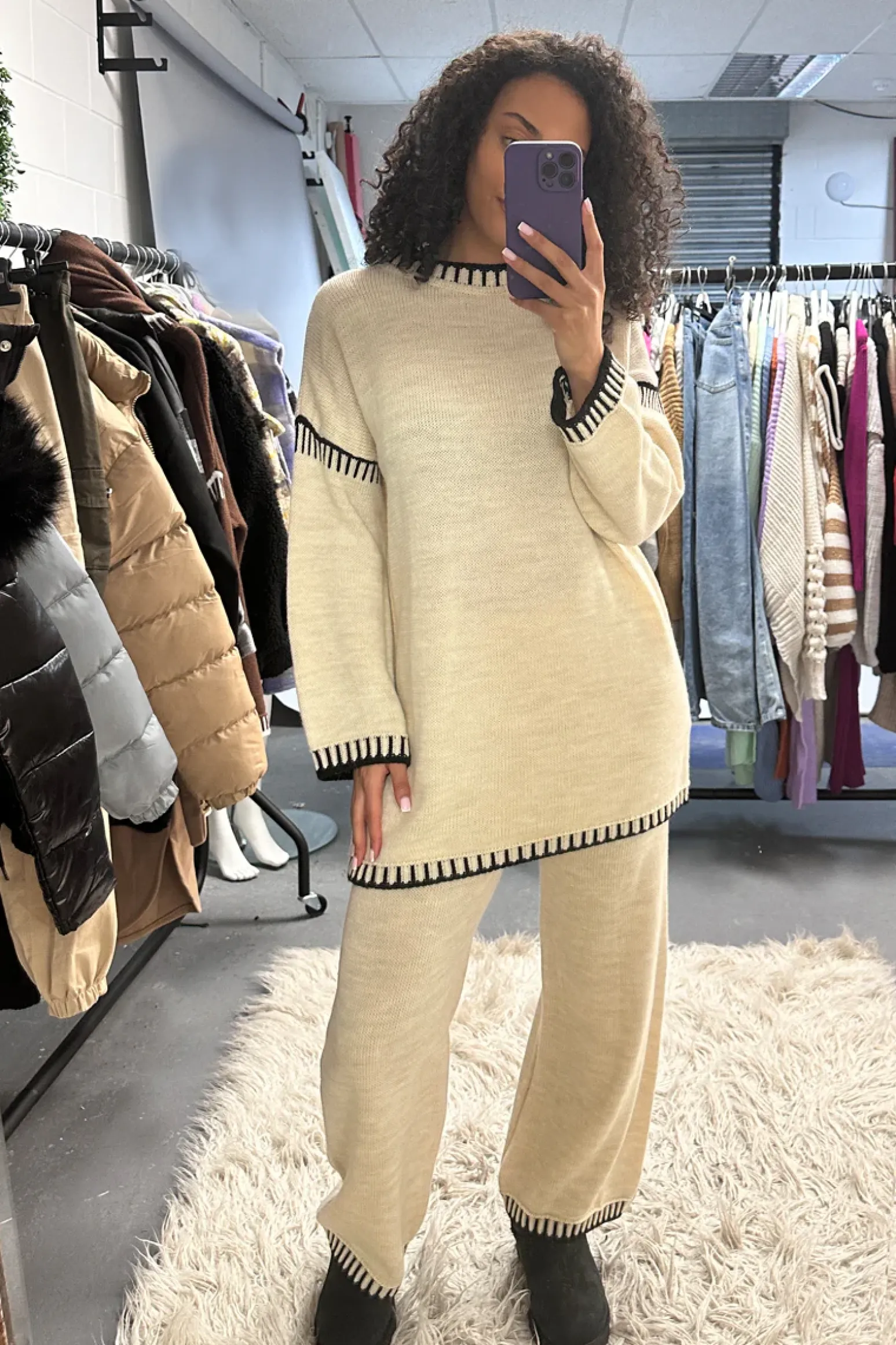 Rebellious Fashion Beige Contrast Stitch Knitted Co-ord Set - Storm