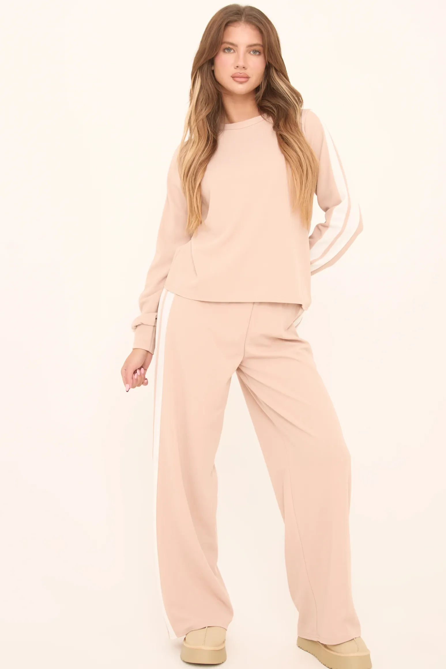 Rebellious Fashion Beige Contrast Stripe Round Neck Long Sleeves Top & Straight Leg Trousers Co-ord Set - Ursula
