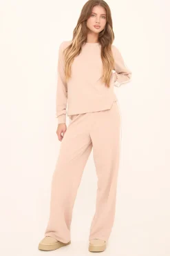 Rebellious Fashion Beige Contrast Stripe Round Neck Long Sleeves Top & Straight Leg Trousers Co-ord Set - Ursula