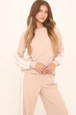 Rebellious Fashion Beige Contrast Stripe Round Neck Long Sleeves Top & Straight Leg Trousers Co-ord Set - Ursula