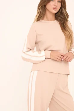 Rebellious Fashion Beige Contrast Stripe Round Neck Long Sleeves Top & Straight Leg Trousers Co-ord Set - Ursula