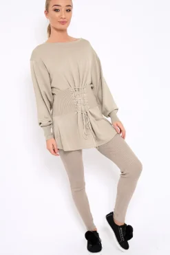 Rebellious Fashion Beige Co-ord with Corset Waist Tie Detail - Laurel