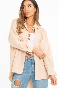 Rebellious Fashion Beige Corduroy Button Front Oversized Shirt - Kyrah