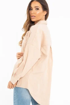 Rebellious Fashion Beige Corduroy Button Front Oversized Shirt - Kyrah