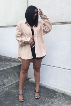 Rebellious Fashion Beige Corduroy Button Front Oversized Shirt - Kyrah