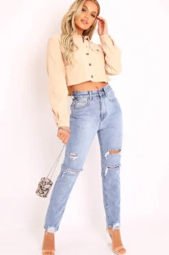 Rebellious Fashion Beige Corduroy Utility Pocket Cropped Shirt - Eliora