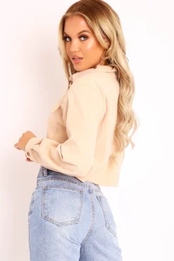 Rebellious Fashion Beige Corduroy Utility Pocket Cropped Shirt - Eliora