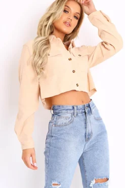Rebellious Fashion Beige Corduroy Utility Pocket Cropped Shirt - Eliora