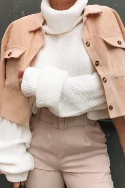 Rebellious Fashion Beige Corduroy Utility Pocket Cropped Shirt - Eliora