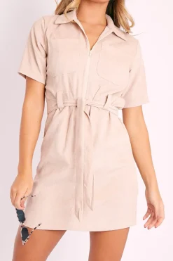 Rebellious Fashion Beige Cord Zip Front Collar Belted Dress - Jakyia