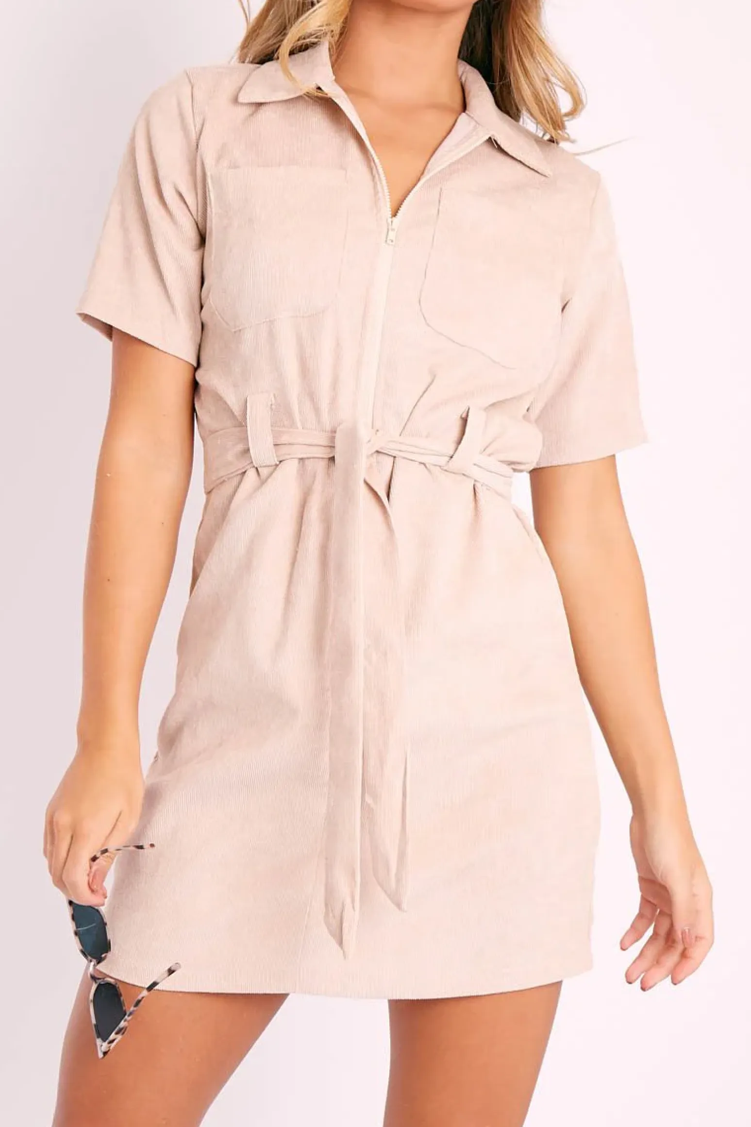 Rebellious Fashion Beige Cord Zip Front Collar Belted Dress - Jakyia