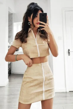 Rebellious Fashion Beige Cord Zip Polo Top and Mini Skirt Co-ord - Iriana