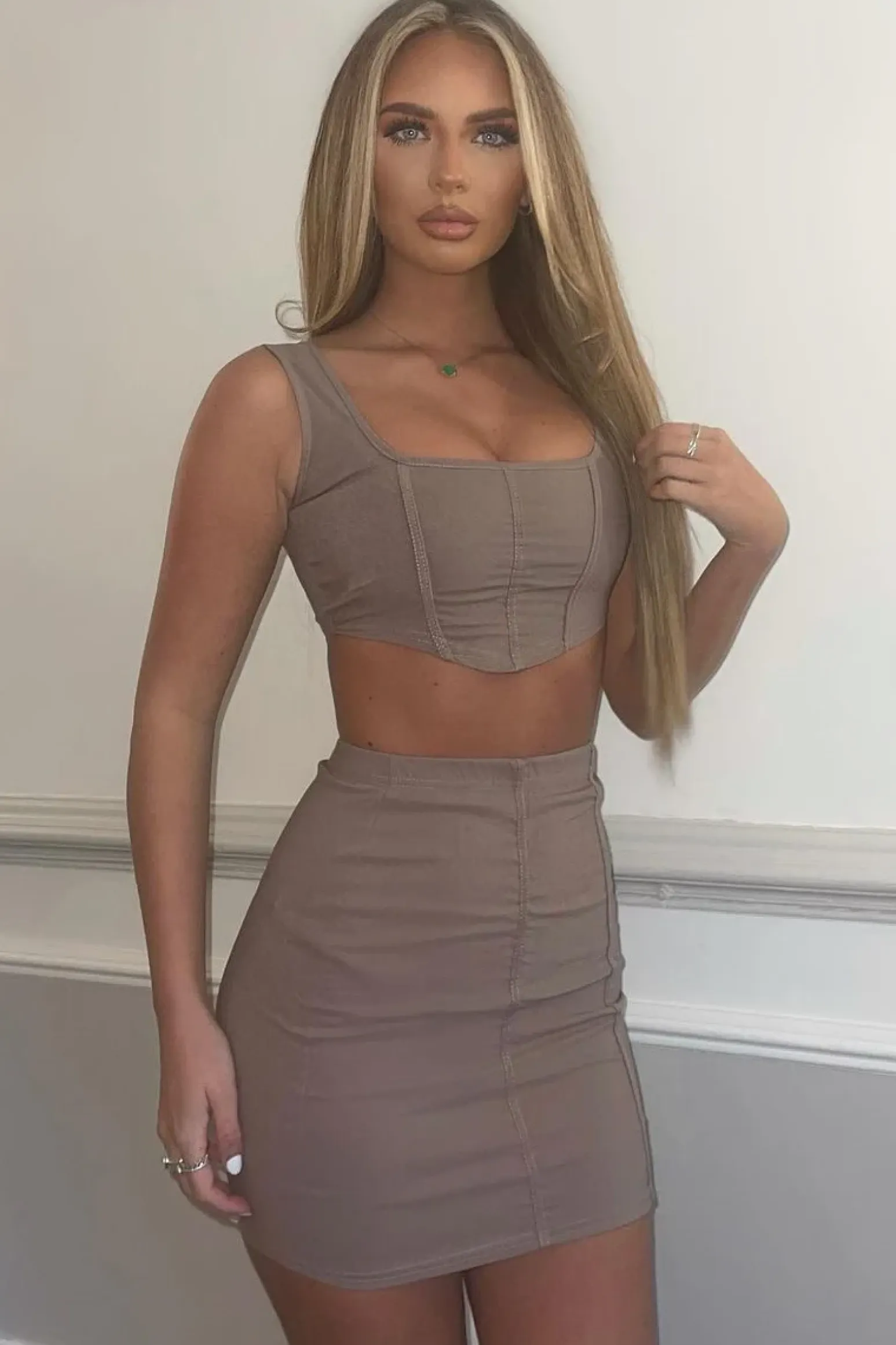 Rebellious Fashion Beige Corset Crop Top & Mini Skirt Set - Bella
