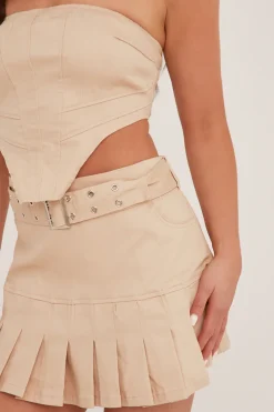 Rebellious Fashion Beige Corset Detail Cropped Top & Pleated Mini Skirt Co-ord Set - Hibo