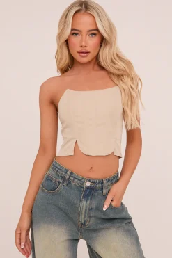 Rebellious Fashion Beige Corset Detail Crop Top - Saylor