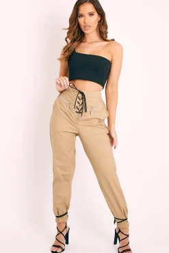 Rebellious Fashion Beige Corset Detail Cuffed Trousers - Hayleigh
