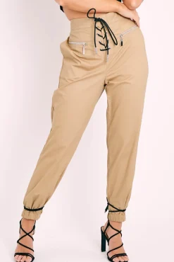 Rebellious Fashion Beige Corset Detail Cuffed Trousers - Hayleigh