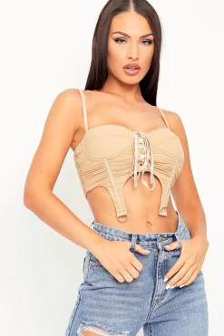 Rebellious Fashion Beige Corset Lace Front Crop Top - Huda