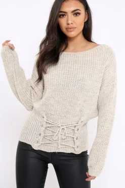 Rebellious Fashion Beige Corset Waist Knitted Jumper - Elizabeth