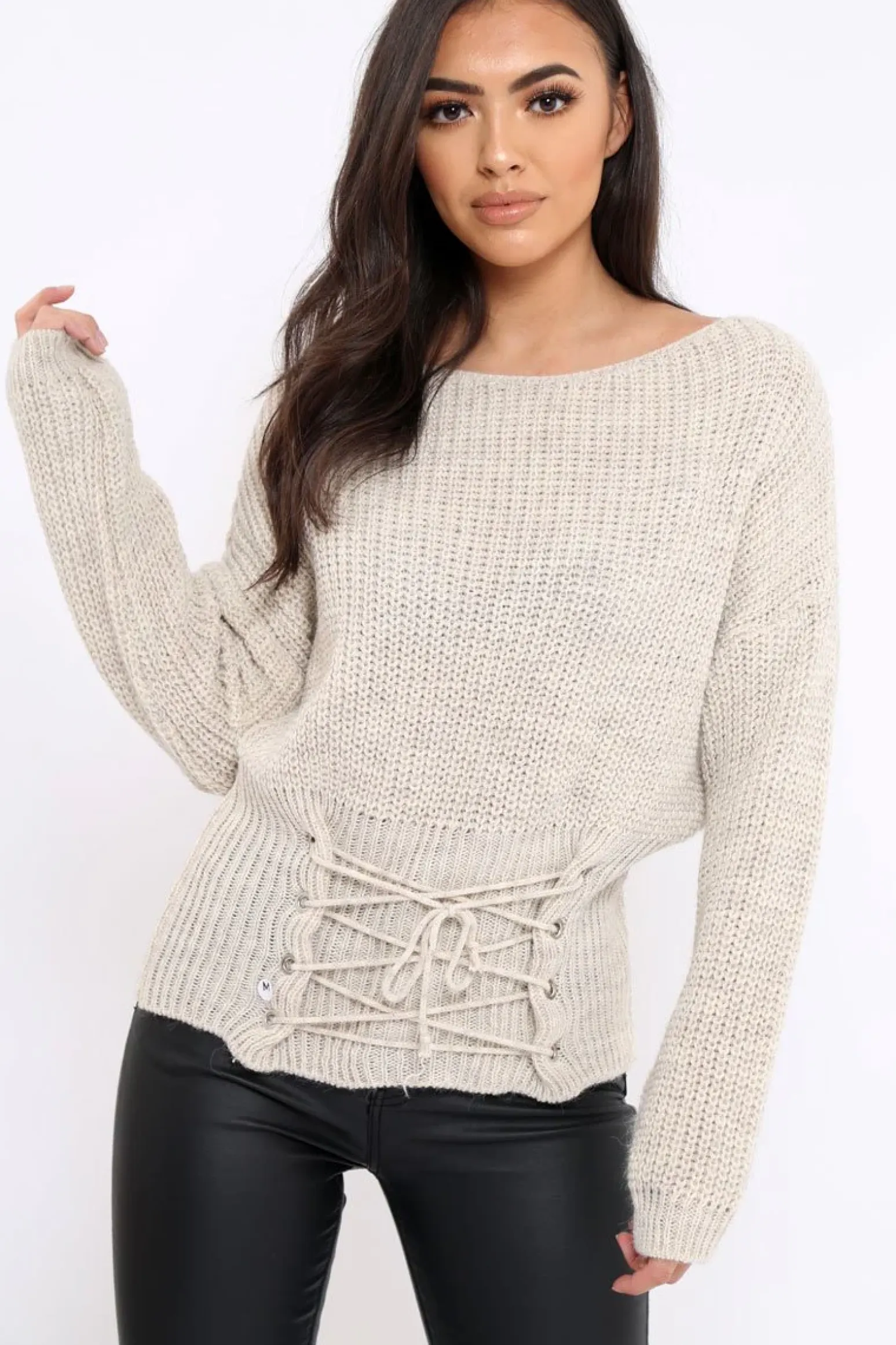 Rebellious Fashion Beige Corset Waist Knitted Jumper - Elizabeth