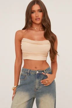 Rebellious Fashion Beige Cowl Neck Corset Detail Cropped Top - Immy