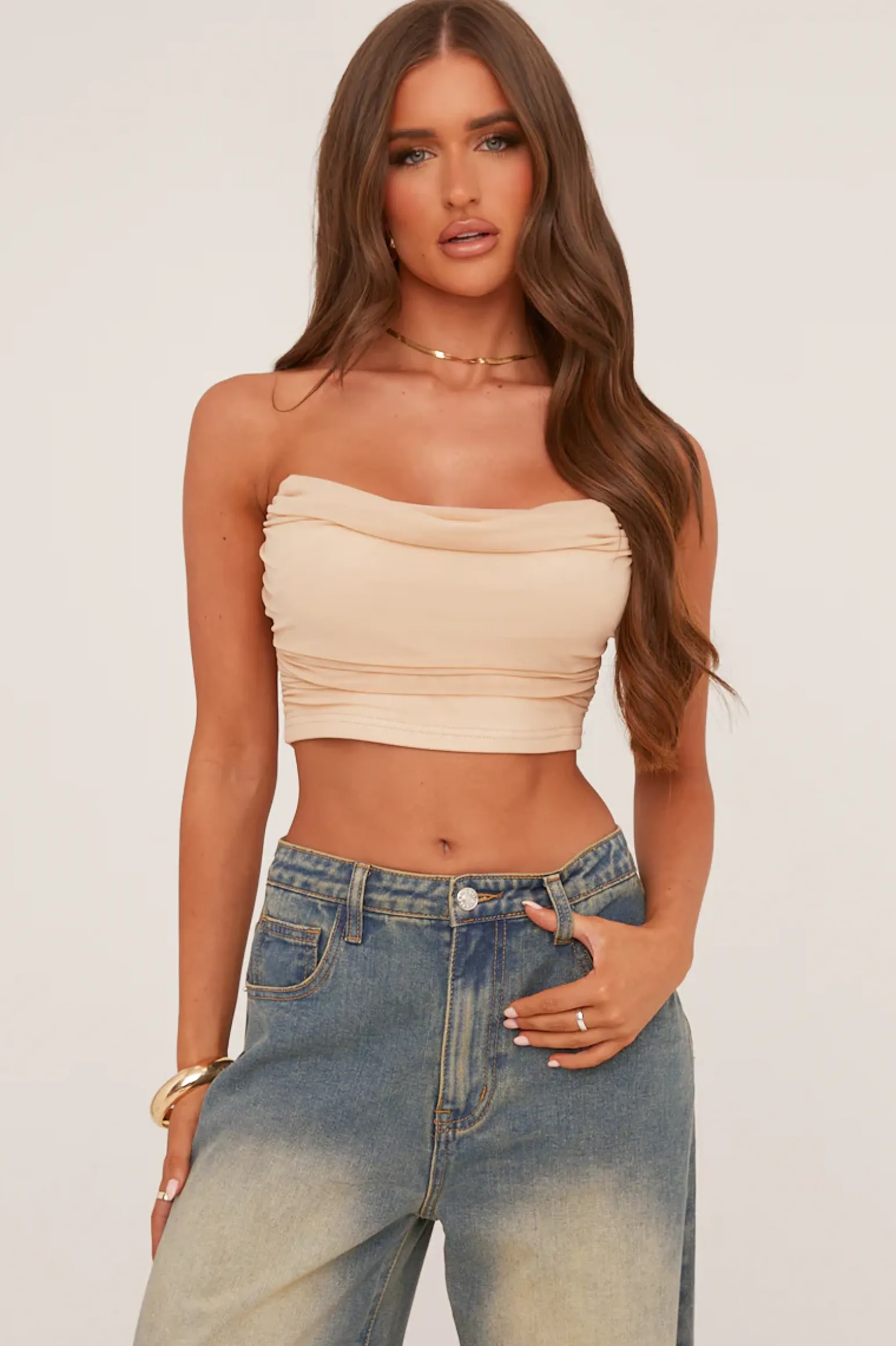 Rebellious Fashion Beige Cowl Neck Corset Detail Cropped Top - Immy