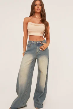 Rebellious Fashion Beige Cowl Neck Corset Detail Cropped Top - Immy