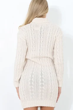 Rebellious Fashion Beige Cowl Neck Knitted Dress-Loria