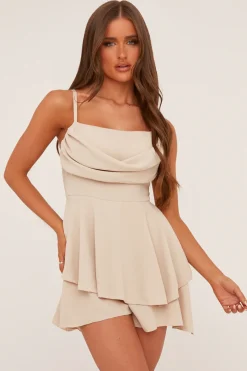 Rebellious Fashion Beige Cowl Neck Tiered Playsuit - Arden