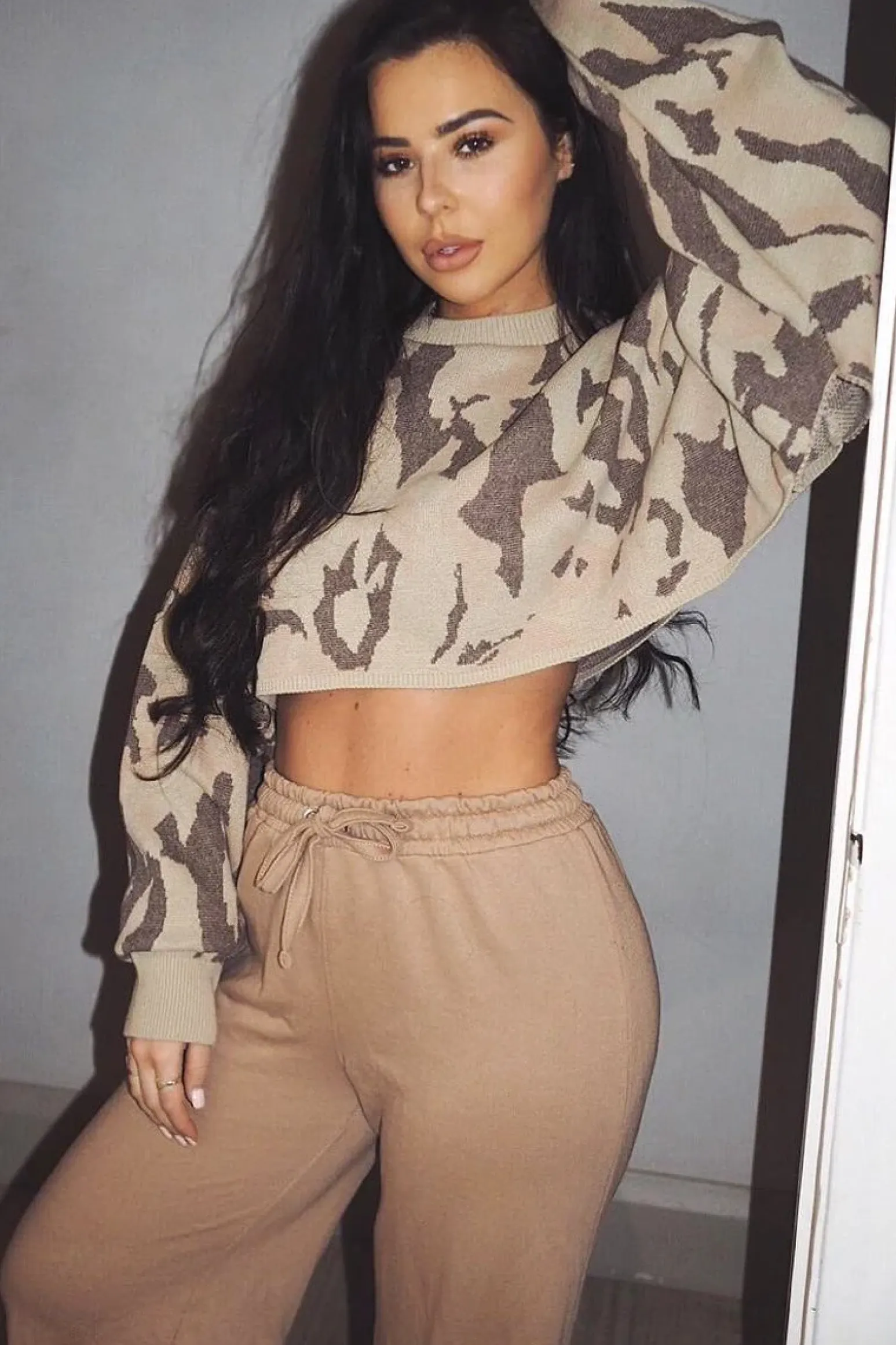 Rebellious Fashion Beige Cropped Batwing Camo Jumper - Lizy